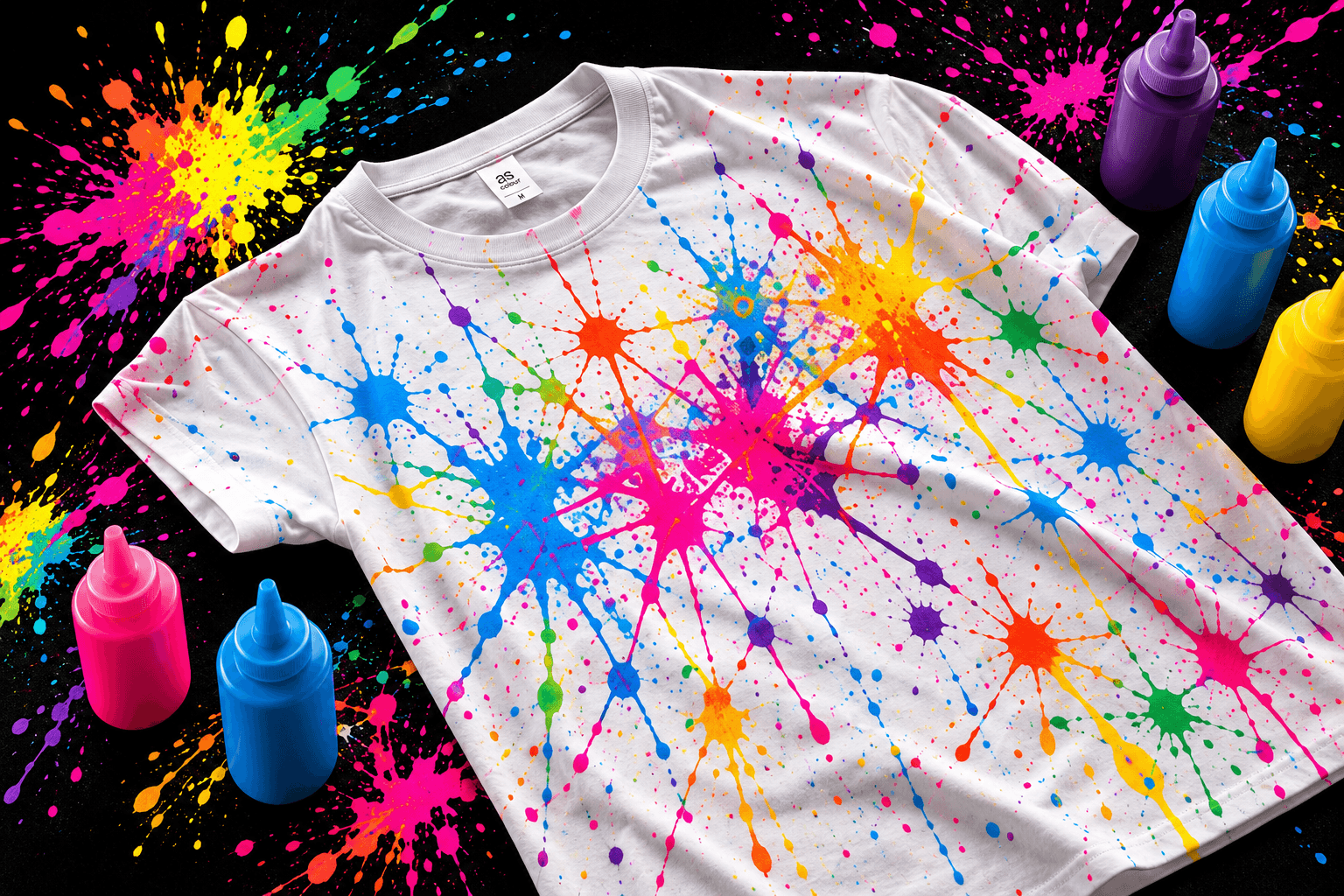 A white T-shirt covered in vibrant paint splatters beside colorful paint bottles